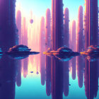 Futuristic alien cityscape with towering spires and floating structures reflected in calm water