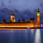 London skyline at twilight with Big Ben, Houses of Parliament, and London Eye by River Thames.