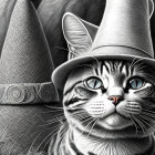 Monochrome illustration of cats in elegant hats