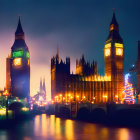 London skyline at twilight: Big Ben, Houses of Parliament, Christmas tree, Thames river reflections