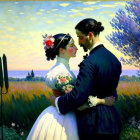 Vibrant sunset meadow painting of embracing couple