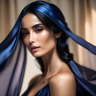 Woman with sleek hair and tanned skin in blue satin fabric under soft light