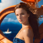 Woman in Blue Dress by Sea with Sailboat and Swirling Fabric