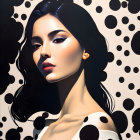 Dark-haired woman in polka dot outfit against pop art backdrop