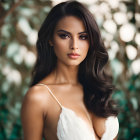 Blue-eyed woman in white dress among blooming trees