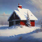 Tranquil Winter Landscape with Red House and Snow-Covered Pine Trees