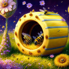 Illustration of bees in golden beehive amid purple flowers