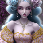 Fantasy figure with blue hair, floral crown, golden jewelry, and pastel dress