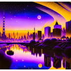 Futuristic cityscape digital artwork with skyscrapers and celestial bodies