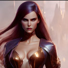 Female character in futuristic golden armor with long flowing hair in digital artwork