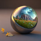 Reflective Sphere with Serene Landscape and Floating Leaves