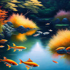 Vibrant digital painting: Koi fish in serene pond with lush vegetation