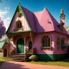 Pink Cottage with Pointed Roof in Lush Forest Setting