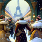 Victorian-era people in winter clothing near snow-covered Eiffel Tower