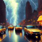 Vibrant city street at night with glowing lightning and yellow taxis