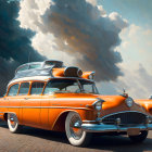 Vintage orange station wagon with rooftop cargo box under dramatic sky