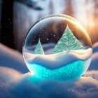 Snow globe with miniature pine tree on snowy surface and forest backdrop