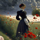 Vintage navy blue dress woman in red poppy field under serene sky