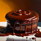 Decadent chocolate cake with glossy ganache topping and drizzled chocolate sauce.