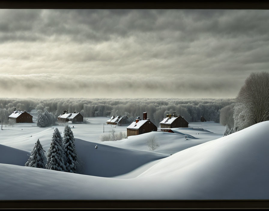 Snow-covered winter landscape with rolling hills, trees, houses, and dramatic sky