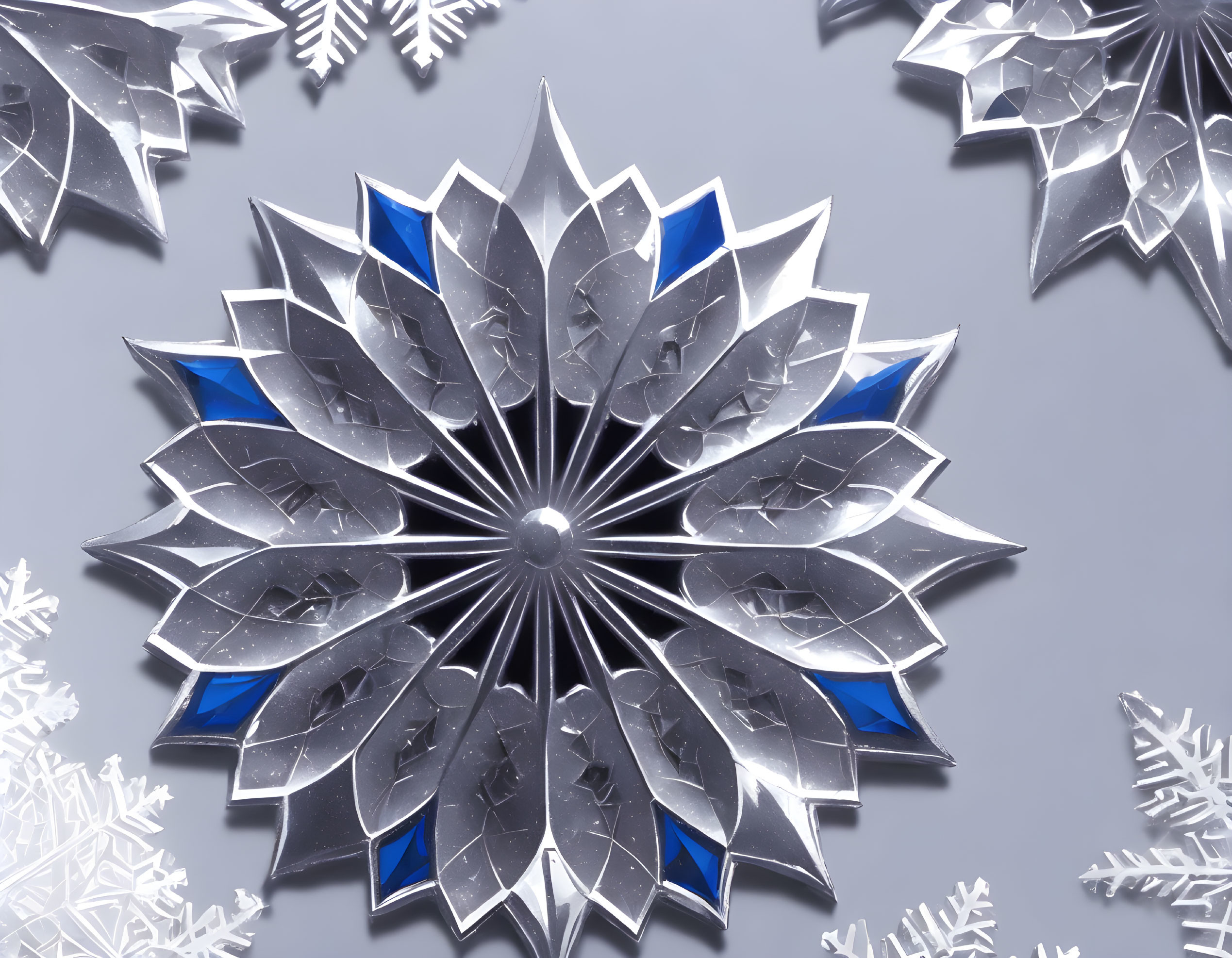 Detailed Metallic Snowflake with Blue Accents on Lighter Background