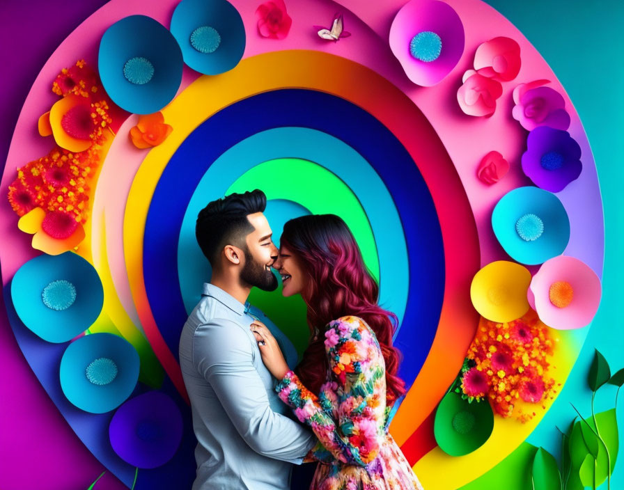 Embracing couple in front of vibrant circular backdrop with flowers and butterflies