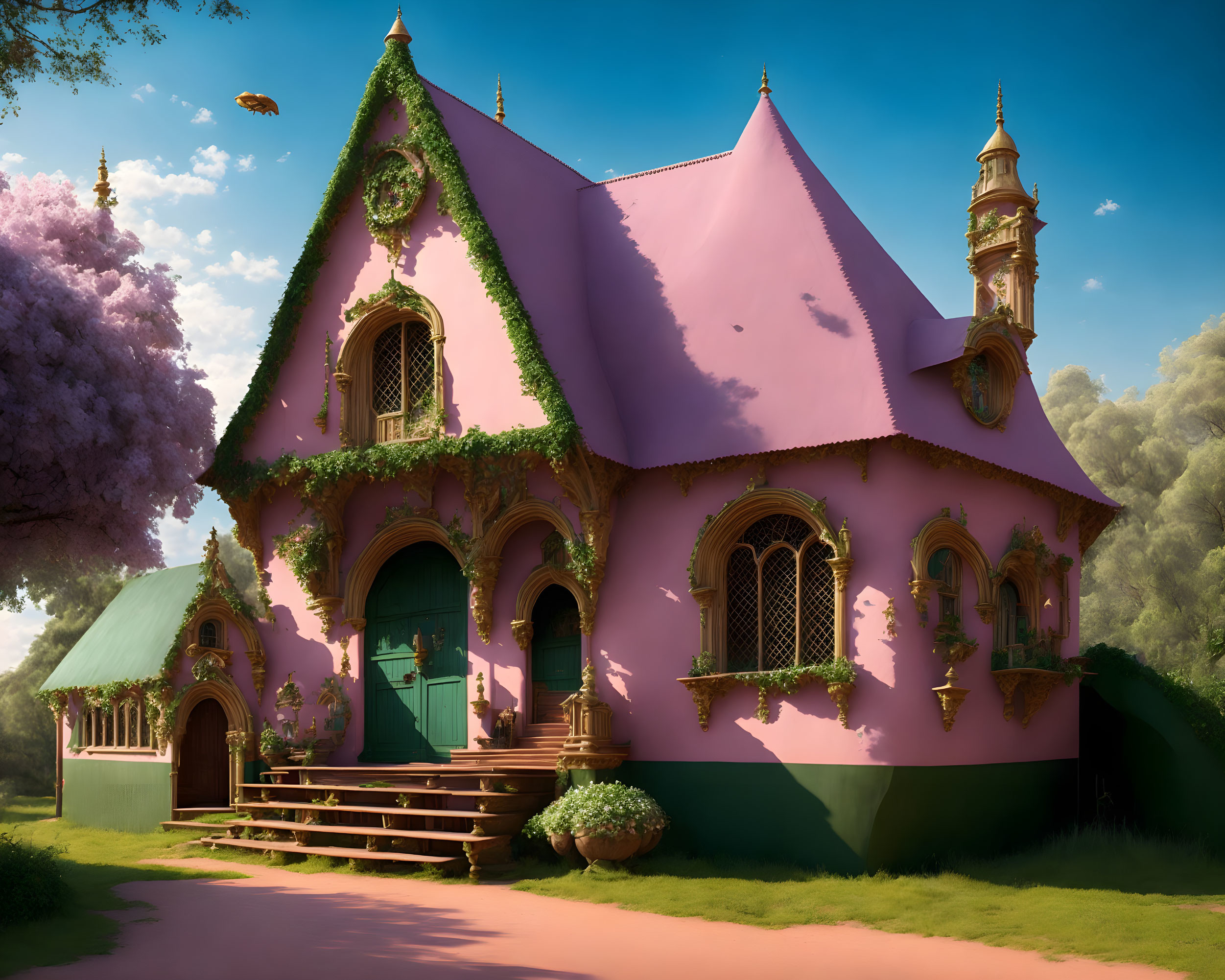 Pink Cottage with Pointed Roof in Lush Forest Setting