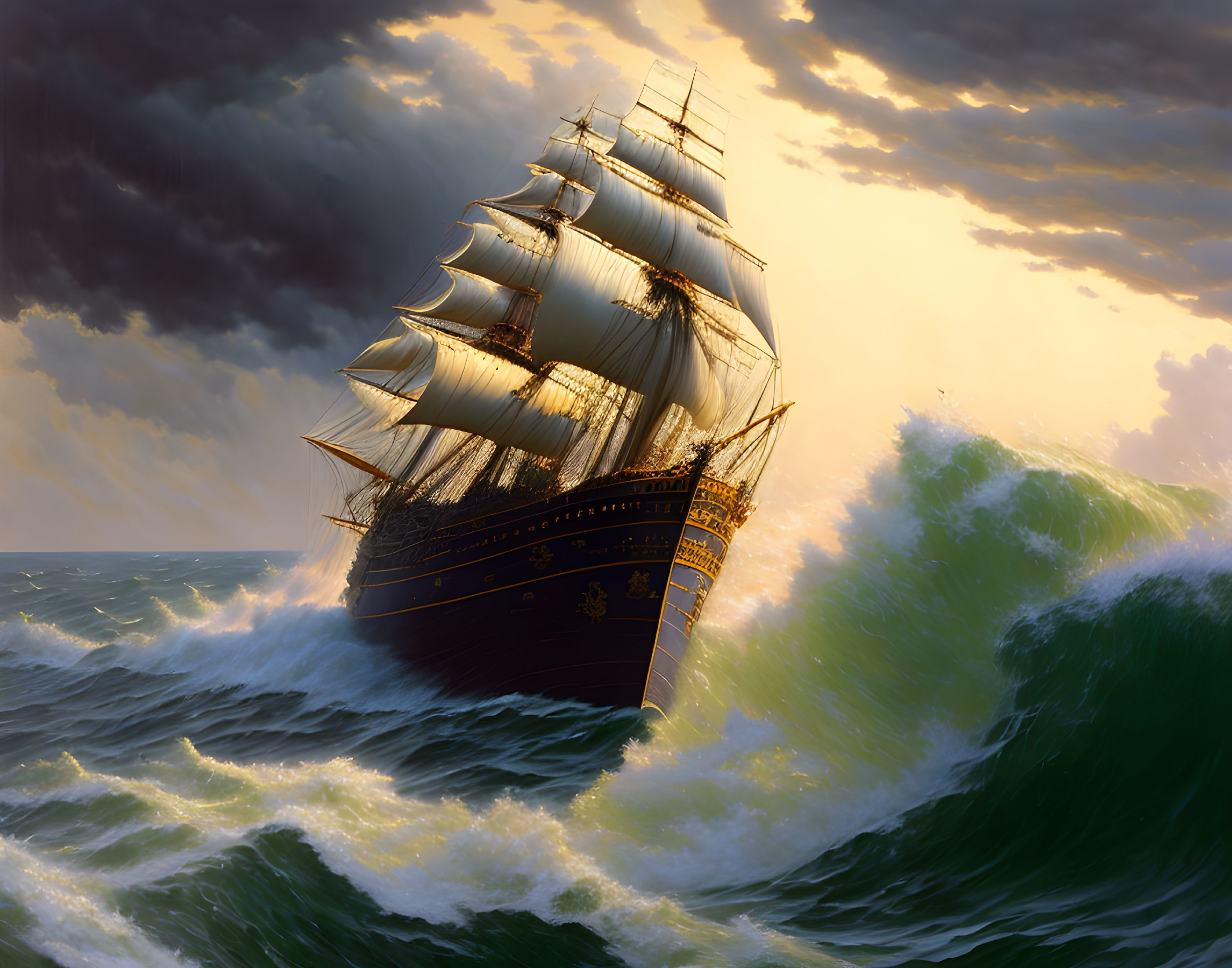 Sailing ship with full sails in stormy sea under warm sunset