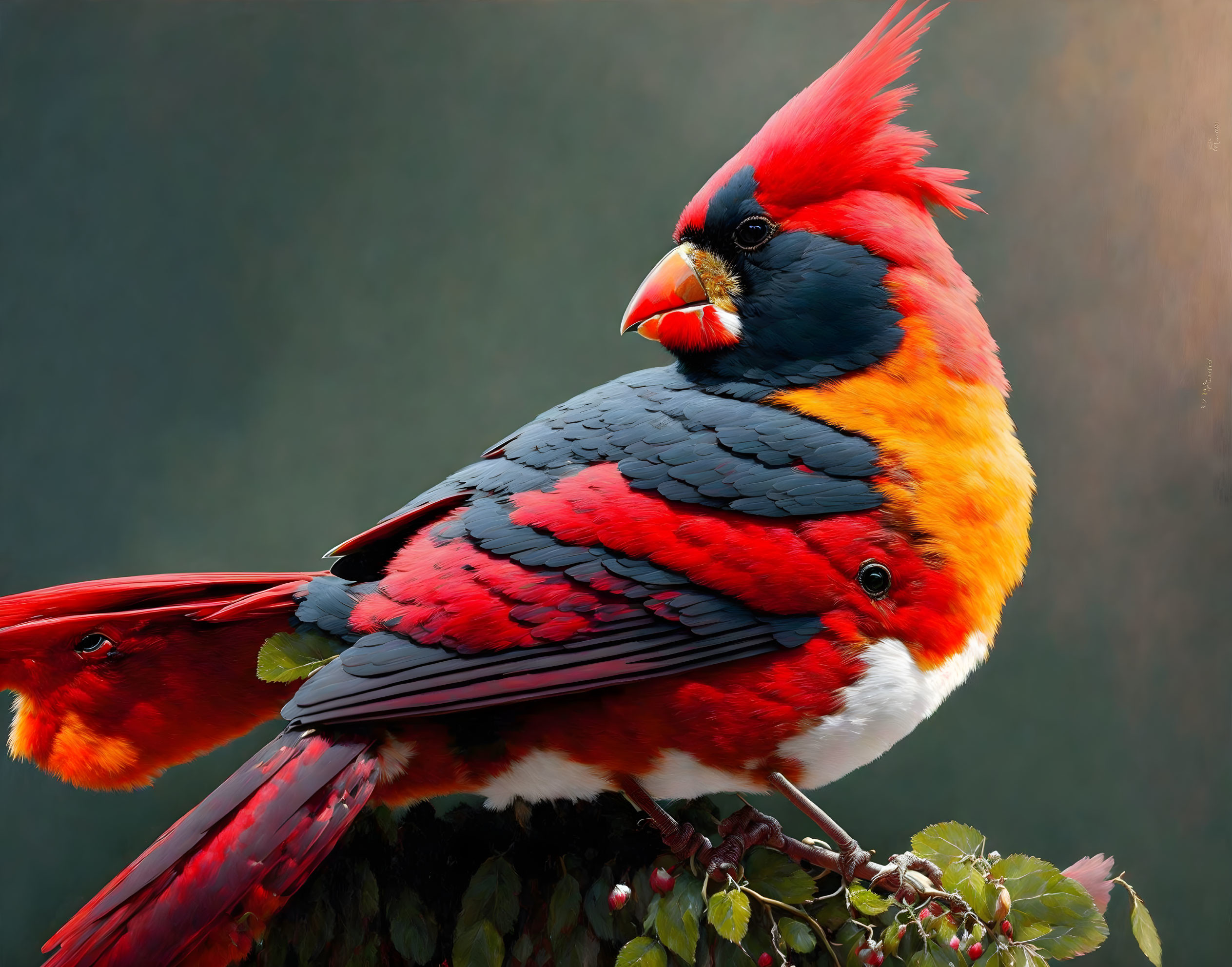 Colorful Bird with Red, Black, and White Plumage Perched on Branch