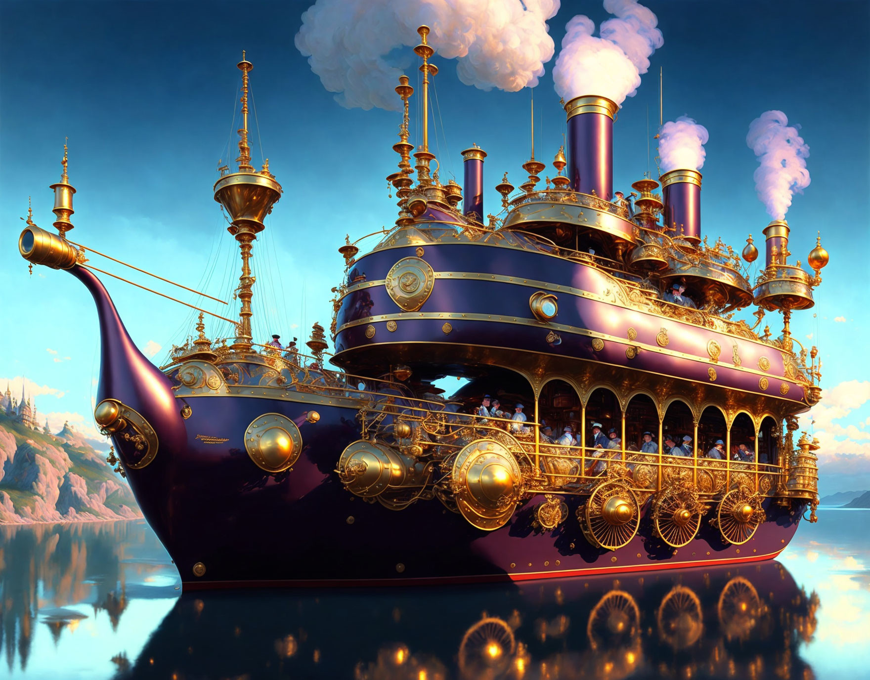 Fantasy steamship with golden embellishments on calm waters