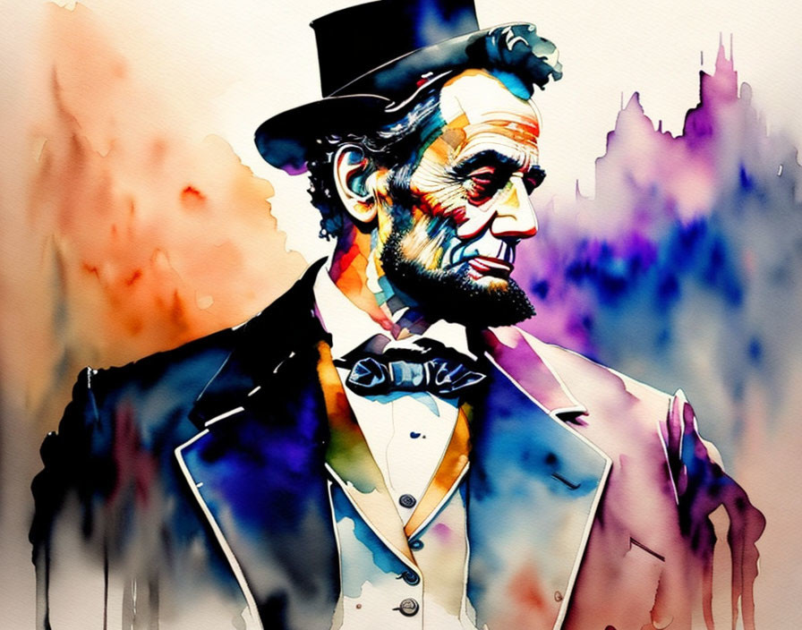 Colorful Watercolor Painting of Man with Tall Hat and Bow Tie on Abstract Cityscape Background