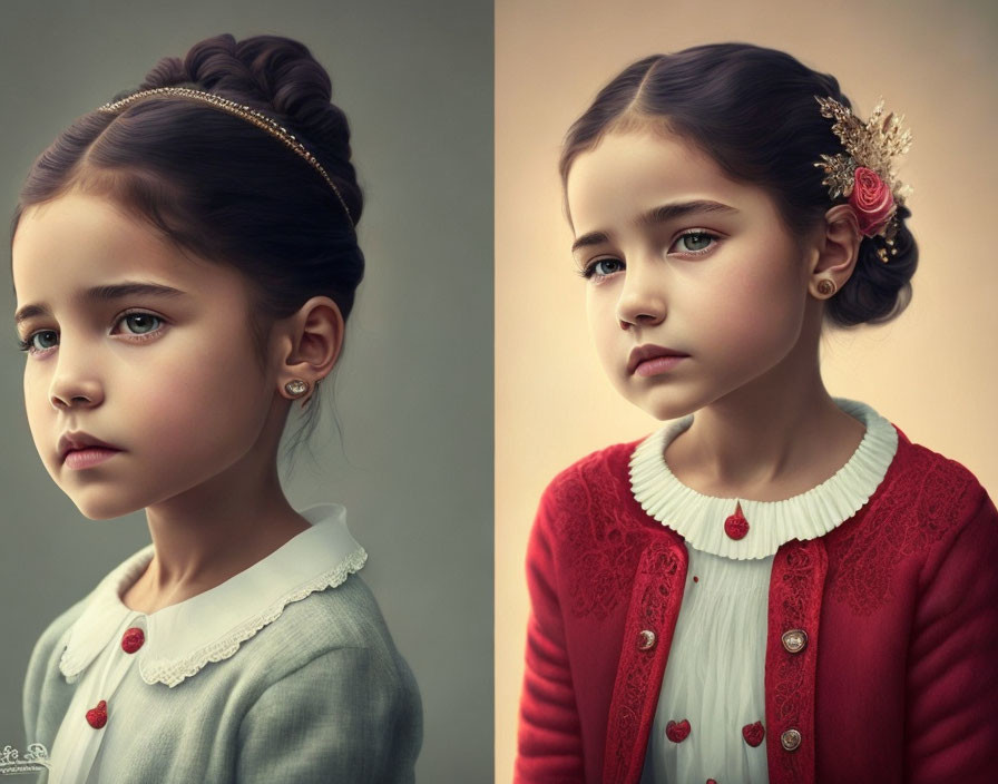 Young girl with dark hair in bun, white shirt, red cardigan & flower hairpiece