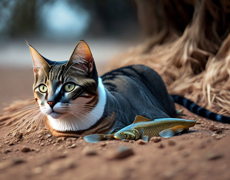 Striking Marked Cat Beside Toy Fish on Sandy Ground