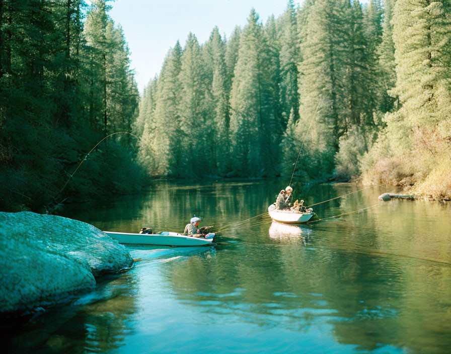 Fishing scene: Two people in small boat on calm river surrounded by pine trees