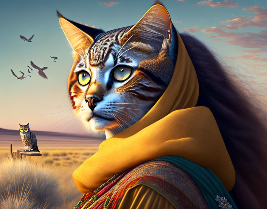 Digital artwork: Cat head on woman's body in colorful clothing, gazing at owl in desert dusk