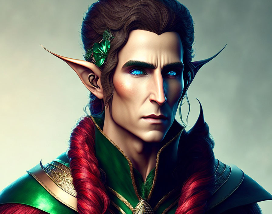 Fantasy elf with pointed ears, green eyes, red hair, green and gold attire