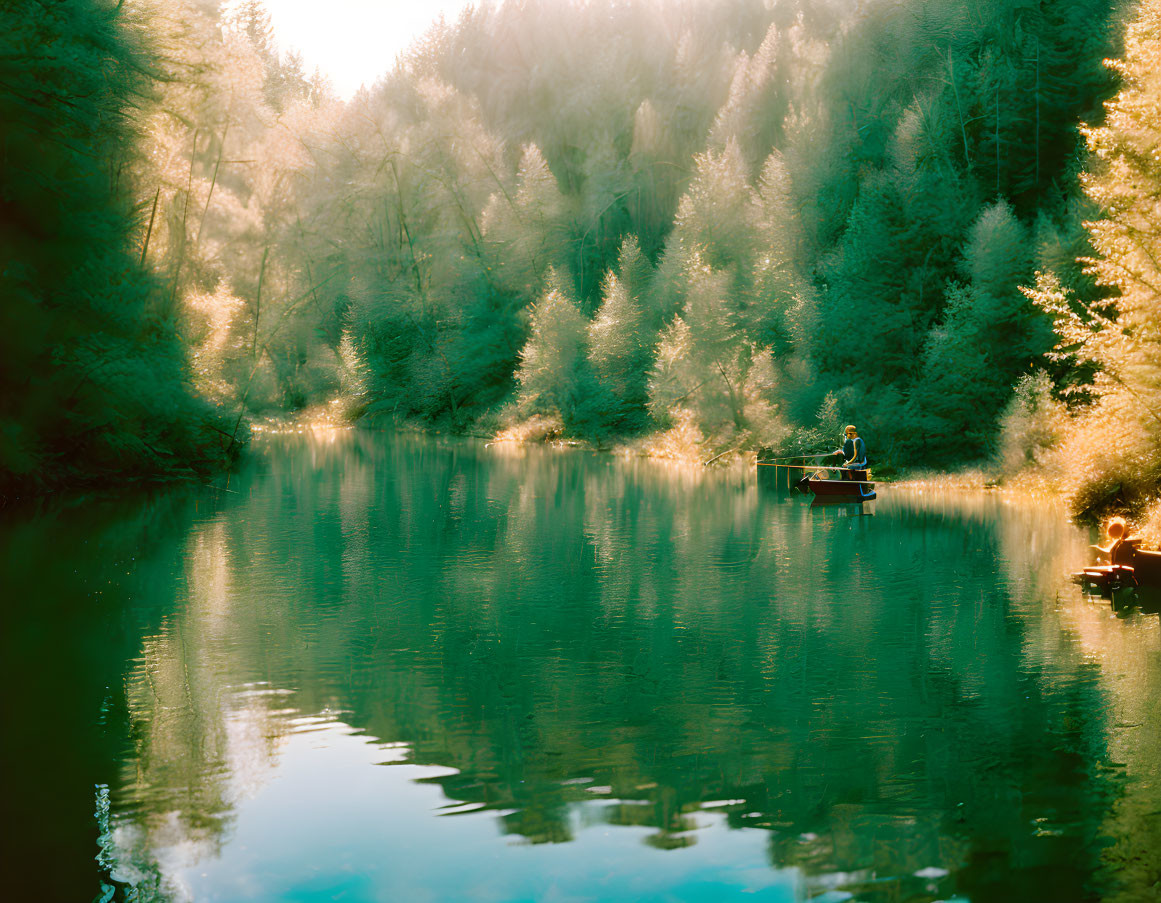 Tranquil river fishing scene with lush sunlit trees