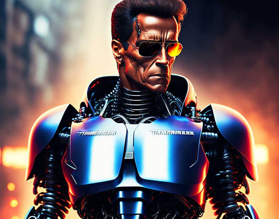 Cyborg with human-like features and metallic armor wearing sunglasses.