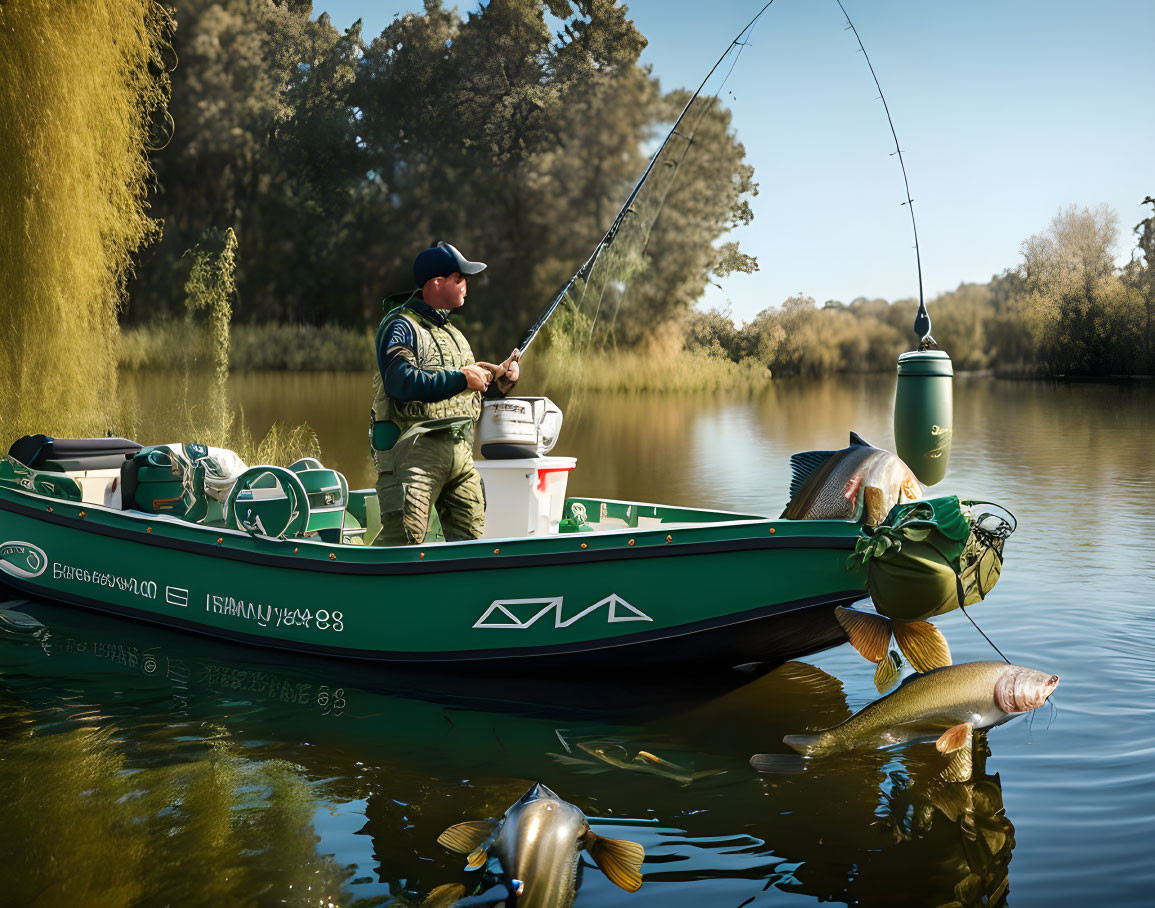 Man fishing from green kayak in serene river with leaping fish