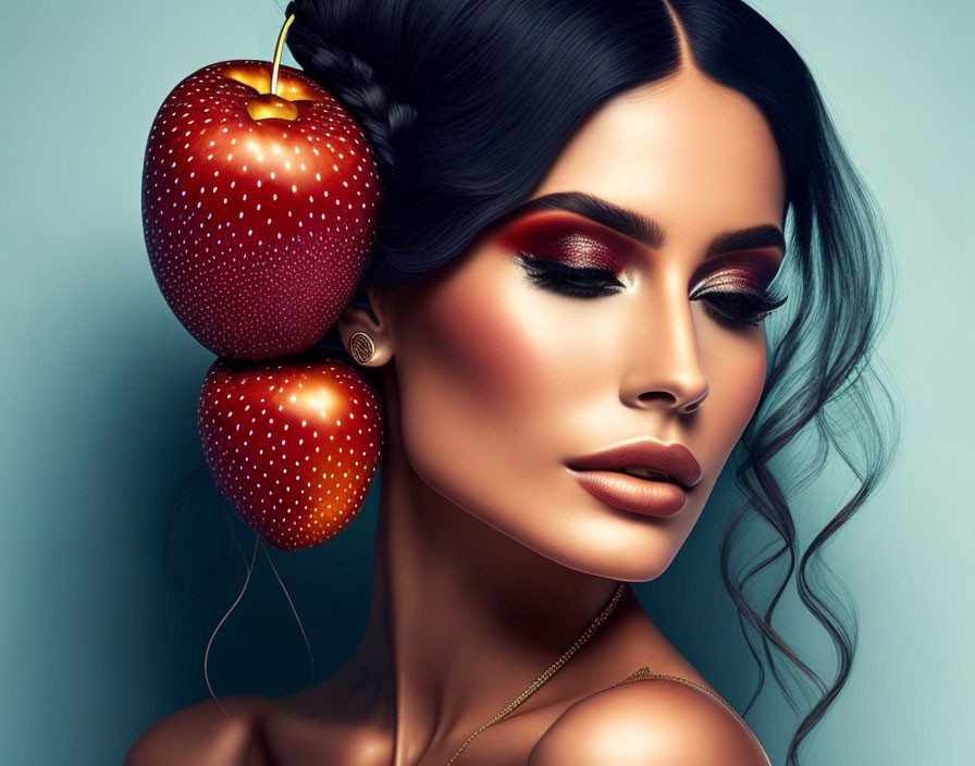 Woman with Styled Hair and Red Apple Decor, Bold Red Makeup