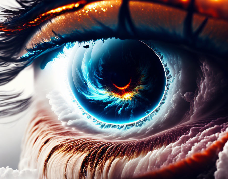 Detailed Close-Up of Vibrant Blue and Orange Eye with Oceanic Reflections