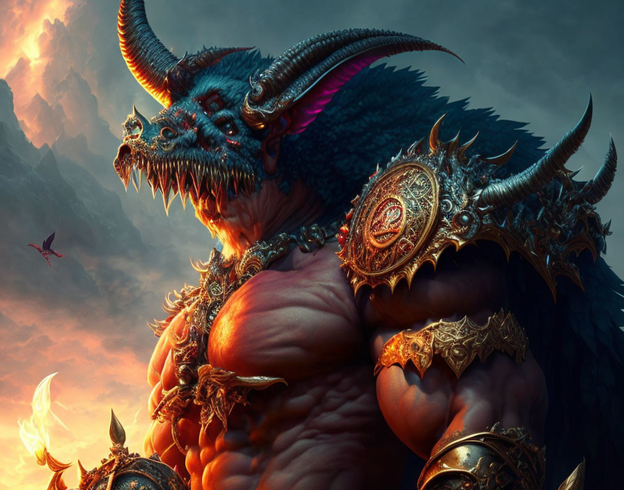 Fantasy art of muscular horned creature in ornate armor under dramatic sky