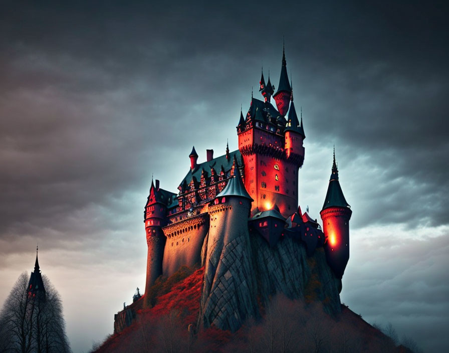 Majestic castle with red windows on rocky hill under dramatic cloudy sky