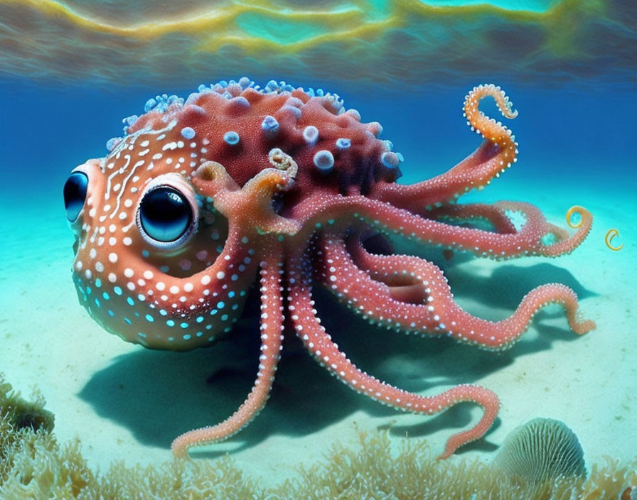 Vibrant octopus illustration in ocean setting with expressive eyes