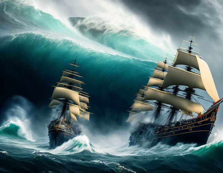 Majestic tall ships on stormy ocean waves