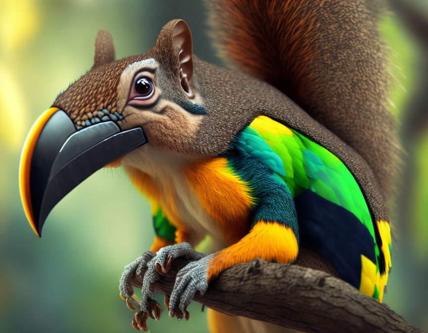 Colorful Creature: Squirrel Body, Toucan Head on Branch