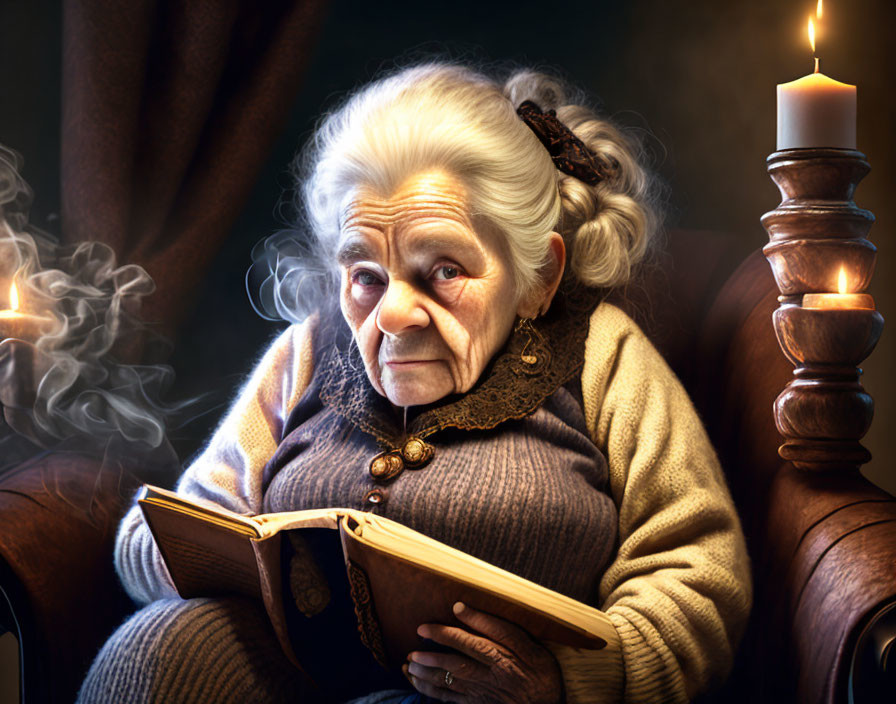 Elderly woman reading book by candlelight in cozy setting