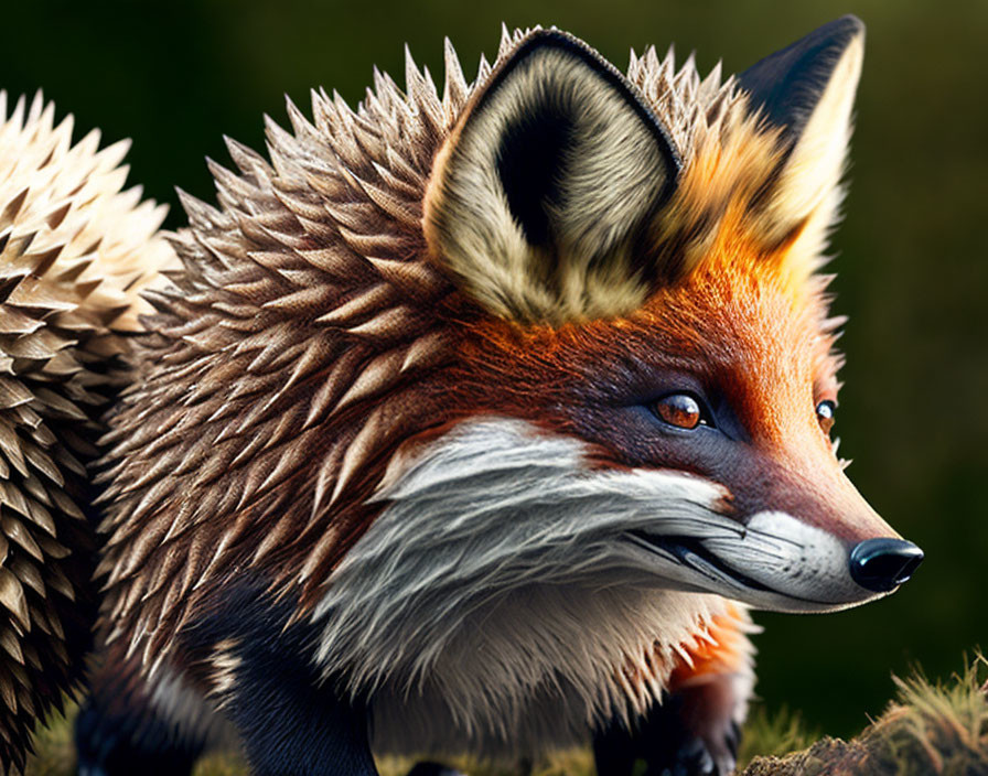 Hybrid creature: hedgehog body, fox head, vibrant colors