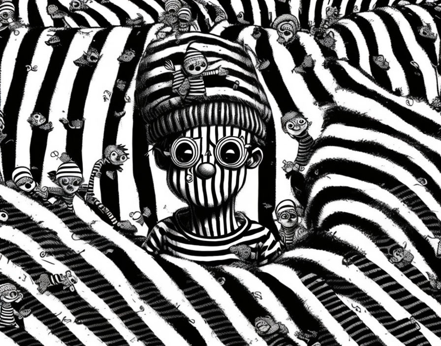 Monochrome illustration of person with round glasses in striped outfit