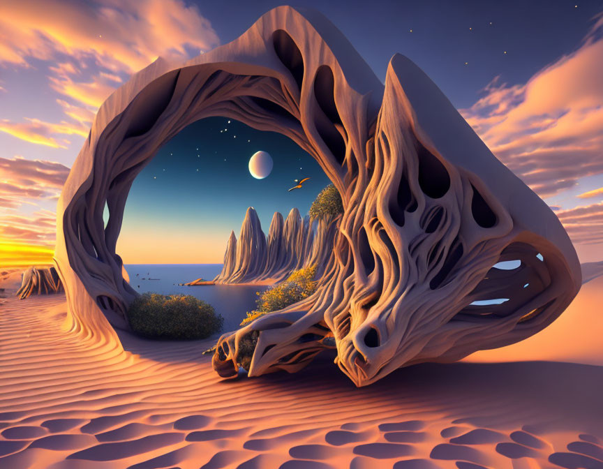 Surreal landscape with eroded rock frame, seaside cliffs, stars, and crescent moon